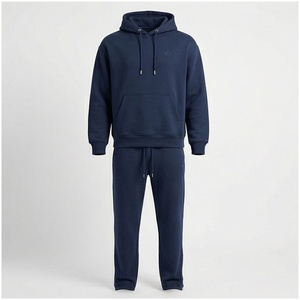 Ensemble de survêtement bleu marine pour homme, à capuche, manches longues, couleur unie, coupe décontractée, vêtements d'automne, respirant, 100% coton - Product Image 1