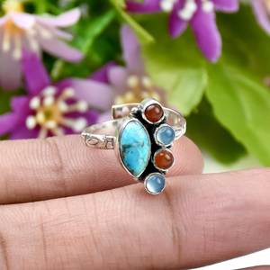 925 Sterling <b>Silver</b> Turquoise Carnelian <b>Stacking</b> <b>Ring</b> Handmade Boho Statement Gemstone Artisan Southwestern Fine Jewelry - Product Image 2