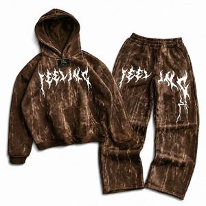 Custom <b>Men</b> Acid Wash <b>Gothic</b> Print Pullover Hoodie Sweatpants Set 2 Piece Winter Streetwear Hip Hop Fleece Tracksuit <b>Clothes</b> - Product Image 4