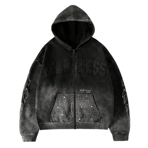 Sudadera con capucha para hombre, estilo vintage, con lavado ácido y parches de diamantes de imitación, 100% algodón, de gran gramaje, estilo urbano, diseño personalizado - Product Image 3