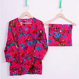 Conjunto de Pijama de Invierno para Mujer, Hecho a Mano, Transpirable, Suave, 100% Algodón, Estampado Floral, Cuello en V, Manga Larga, Casual, Romántico, Cintura Elástica - Product Image 2