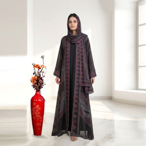Abaya Ligera de Lujo con Estampado Geométrico y Pañuelo a Juego, Elegante Caftán Árabe Abierto por Delante, Cardigan Abaya para Mujer - Product Image 1