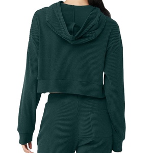 Conjunto de Top con Capucha Acanalado para Mujer, Manga Larga, Color Sólido, Corte Regular, Dos Piezas, Tejido, Verde, Impermeable - Product Image 2