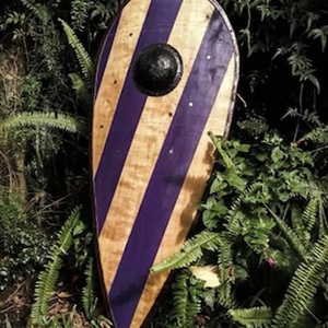 Bouclier Viking en bois contreplaqué et acier au carbone Ahmad, rayures violettes et jaunes, 24 pouces, fait main, décoratif, centre en métal personnalisable - Product Image 4
