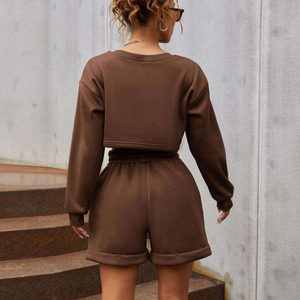 Ensemble deux pièces en molleton brodé uni lavable pour femme, style streetwear d'hiver, vente en gros - Product Image 2