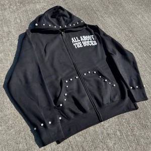 Sudadera con Capucha para Hombre, 450GSM, Invierno, con Cuentas y Pedrería, Diseño de Letras Personalizadas, 100% Algodón, Felpa, Lavado Ácido, Estilo Desgastado - Product Image 4