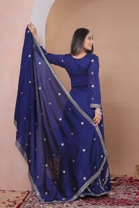 Traje Anarkali de algodón azul real con bordado plateado para mujer, ropa de boda, vestido tradicional indio largo hasta el suelo. - Product Image 5
