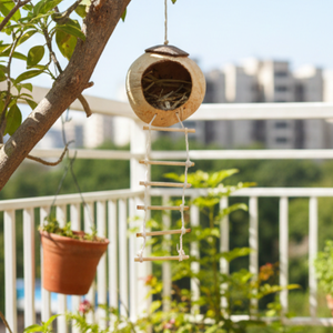 Nichoir pour oiseaux en coquille de noix de coco fait à la main, à suspendre au mur, rond, décoration de maison DIY, marque KOTTRAVAI, du Tamil Nadu - Product Image 3