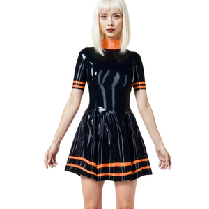 Black <b>Latex</b> A-Line <b>Mini</b> <b>Dress</b> High Neck Short Sleeve Contrast Orange Trim Fitted Party Wear Solid Color - Product Image 5