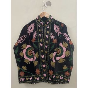 Hand Embroidered <b>Velvet</b> Knitted Cotton <b>Jacket</b> <b>Women</b> Mandarin Collar Full Sleeve Floral Pattern Open Front Prairie Winter/Spring - Product Image 1