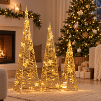Gold Glitzer Eisendraht-Kegel-Weihnachtsbaum 40/50/60cm Vorbeleuchtet mit Warmweißen LED-Sternakzenten für Innenbereich/Hotel-Event-Dekoration