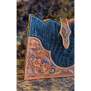 Western <b>Tooled</b> <b>Leather</b> Clutch Purse Black Croc Embossed Handbag Floral Carved Cowgirl Wallet Shoulder Crossbody Bag - Product Image 3