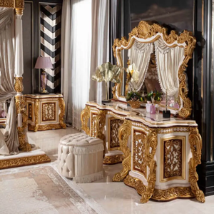 Luxury Royal Mahogany Vanity <b>Dressing</b> Table Full Gold Carving Mirror Elegant Classic Makeup Table Bedroom Furniture - Product Image 1