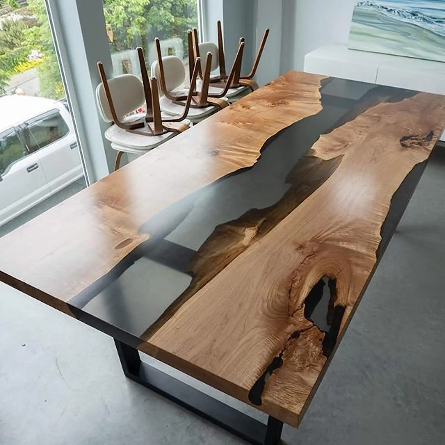 طاولة إيبوكسي مصنوعة يدويًا من الخشب الأسود ، أعلى طاولة إيبوكسي شفافة لامعة بسعر منخفض