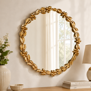 <b>Gold</b> Floral Round Wall <b>Mirror</b> Leaf Frame Decorative <b>Mirror</b> for Living Room Bedroom Luxury Home Decor Accessories - Product Image 1