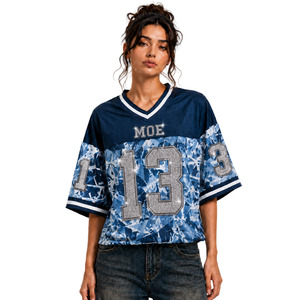 Camiseta de fútbol americano extragrande con estampado de camuflaje azul hielo y pedrería, estilo premium, OEM, personalizada, unisex, de malla. - Product Image 2