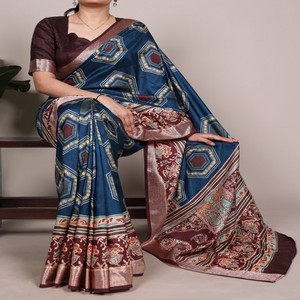 Sari en soie imprimée Tasar VASTRA COTTAGE avec bordure en viscose et pièce de blouse en soie Tasar pour tenue traditionnelle festive - Product Image 1