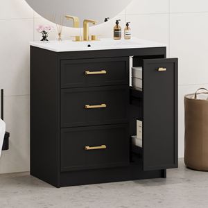 Meuble-lavabo classique sur pied de 30 po pour salle de bain avec trois tiroirs et une longue poignée dorée à double couche, meubles-lavabos de salle de bain de 30 po - Product Image 2