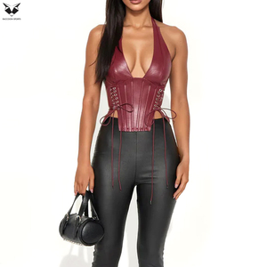 Nuevo Corsé Moldeador con Cuello Halter, Cordones Laterales, Hecho a Mano, Color Borgoña, Vegano, Transpirable, Ajustable, Control Medio - Product Image 2