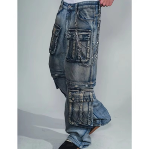 Jeans para Hombre DS, Color Amarillo Sucio, Lavado Desgastado, Estilo Cargo con Múltiples Bolsillos, Corte Holgado, Estilo Hip Hop, Pantalones Casuales para Hombre - Product Image 5