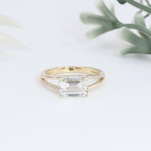 Yellow Gold Vintage Emerald Cut Lab Grown Diamond Engagement <b>Ring</b> with <b>Split</b> Shank Micro Pave Wedding Band for Women - Product Image 1