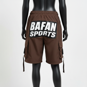 Shorts de bain pour femmes en polyester et élasthanne de haute qualité, couleur café, avec poche cargo, impression sérigraphique et logo brodé. - Product Image 2
