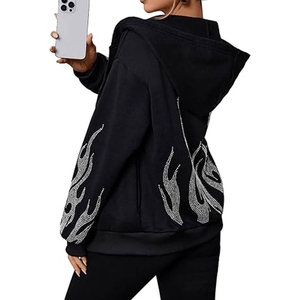 Sweat-shirt à capuche noir pour femme, manches longues, couleur unie, tricoté en polyester, coupe oversize, fermeture éclair sur le devant, imprimé flamme pailleté, style automne - Product Image 2