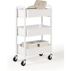 Carrello portaoggetti in metallo a 3 ripiani compatto e mobile, con ruote, per cucina o sotto scrivania, bianco - Product Image 1