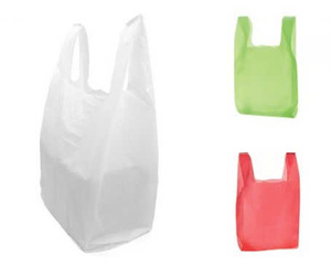 ถุงพลาสติก LDPE แบบใช้แล้วทิ้ง ทรงเสื้อยืด มีหูหิ้ว สำหรับธุรกิจและร้านค้า สีขาว เขียว แดง - Product Image 1