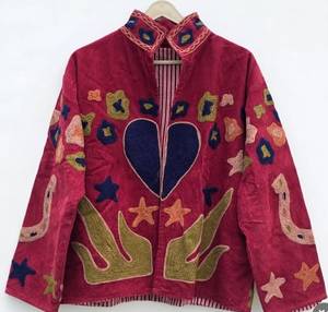 Hand Embroidered Corduroy <b>Jacket</b> With Heart Star Patchwork <b>Mandarin</b> <b>Collar</b> Full Sleeve Autumn Women's Prairie Chic Style - Product Image 1