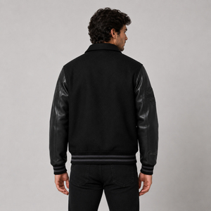 Veste varsity noire pour homme avec manches en cuir PU rouge, col rabattu, fermeture éclair avant, streetwear décontracté, vêtements d'extérieur pour l'automne - Product Image 3
