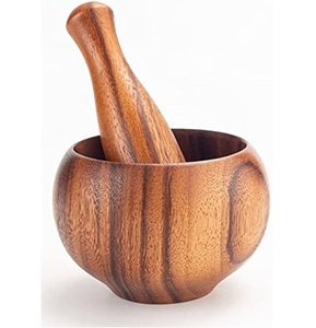 Juego de Mortero y Maja de Madera de Acacia Natural, Herramienta de Cocina Resistente para Moler - Product Image 1