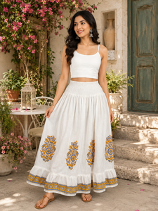 Heritage <b>White</b> Garment Women Vintage Rose Print Tiered <b>Maxi</b> Bottom Smocked High Waistband Gathered Ruffle Layered Outwear - Product Image 5