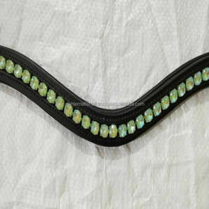 Bande de front en cuir de pierre de cristal vert personnalisée pour cheval avec rembourrage doux de vache cousu bande de front de course de chevaux - Product Image 5