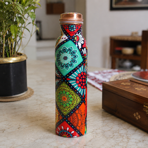 Bouteille d'eau en cuivre pur peinte à la main, design mandala coloré, anti-fuite, réutilisable, artisanat indien en cuivre - Product Image 3