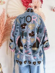 Boho Embroidery Denim Kimono <b>Cardigan</b> Long Sleeve Loose Fit Floral Pattern Hand Embroidered Casual Wear Spring Style - Product Image 3
