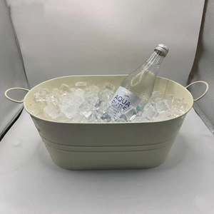 Modern Cream White Oval Galvanized Steel <b>Ice</b> Bucket With Wire Side Handles Powder Coated Metal Party Beverage Tub Supply - Product Image 4