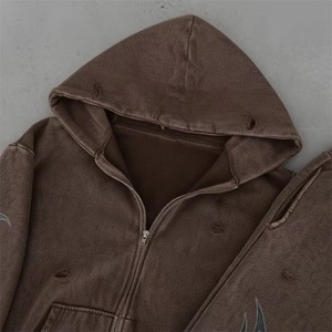 Ensemble de survêtement marron vieilli personnalisé avec sweat à capuche zippé et pantalon évasé, finition délavée à l'acide, tissu doux, élégant, pour unisexe - Product Image 4