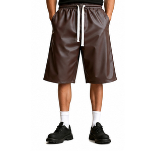 Shorts Bermuda en Similicuir pour Homme avec Cordon de Serrage, Couleur Unie, Décontracté, Tissé, Revêtement PU, Respirant, avec Poches, Short en Cuir - Product Image 1