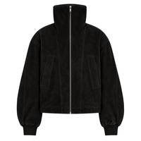 Blouson bomber en daim noir personnalisé pour femme, col montant, fermeture éclair, vêtement d'extérieur décontracté avec poche pour l'automne et l'hiver