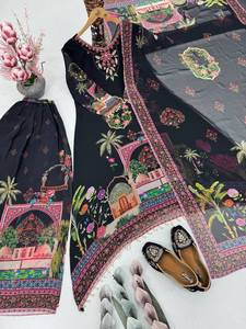Costume Anarkali Palazzo en Georgette noire pour femmes, à séchage rapide, avec dupatta, vêtements ethniques indiens et pakistanais - Product Image 2