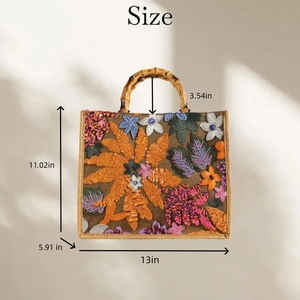 Floral <b>Sequin</b> Embroidered Linen Tote Bag | Natural Bamboo Handle Tote Bags by whimsy <b>Art</b> Craft - Product Image 6