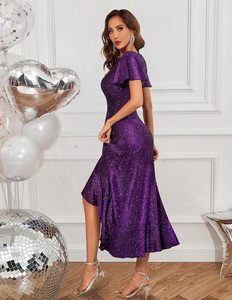 Women Sequin Formal Party <b>Dress</b> Flutter Short Sleeve Wedding <b>Cocktail</b> Long Evening <b>Dress</b>, <b>Purple</b>, X-Large - Product Image 2