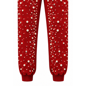 Red Pearl Beaded Jogger Pants Women Fashion Embellished <b>Drawstring</b> Sweatpants Luxury Casual Streetwear Fleece <b>Trousers</b> - Product Image 5