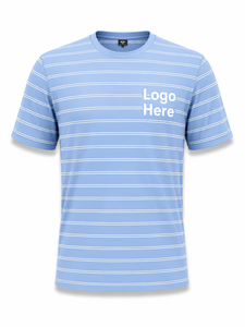 Men's Light Blue Striped O Neck Short Sleeve T-Shirt Regular Fit Casual 100% Cotton Knitted Breathable Front <b>Logo</b> Design - Product Image 1
