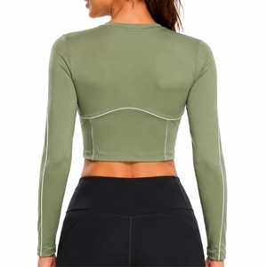 Camiseta de Yoga de Manga Larga para Mujer, Cuello Redondo, Color Sólido, Transpirable, Antibacteriana, Costuras en Contraste, Ajuste Ceñido, Elástica Premium - Product Image 2