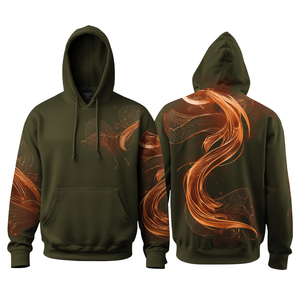 Premium Olive Green Heavyweight Cotton Hoodie Featuring Copper Fusion Abstract Artwork with Contemporary Relaxed Fit Style - Product Image 1