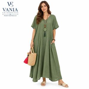 Robe longue décontractée d'été à col en V, unie, avec volants, tissée, lavable, respirante, taille naturelle, imprimé numérique, coupe oversize, ourlet long, tailles S-5XL - Product Image 1