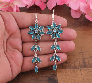 925 <b>Sterling</b> <b>Silver</b> Gold Plated Blue Topaz Water Drop Flower Vintage Earrings Unisex Women's Wedding Engagement Gift Party - Product Image 2