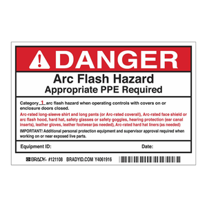 Étiquettes de danger d'arc électrique Brady, adhésif mat durable, avertissement pour les zones de CAT 1 des équipements de protection individuelle (ÉPI) électriques - Product Image 1